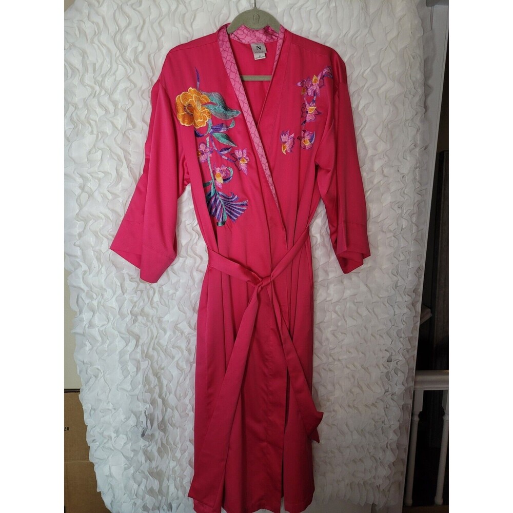 💥 Natori Ladies Size M Pink Embroidered Floral Kimono Robe D3